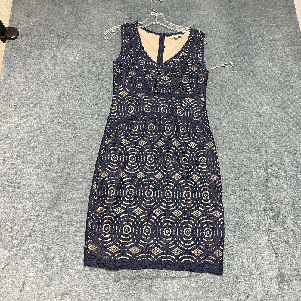 Apricot Sheath Dress Women 10 Blue Lace Geometric V-Neck Sleeveless Back Zipper